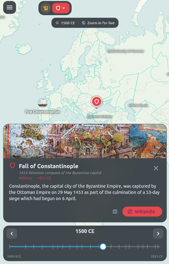 Chronomap — world map with epoch slider and a historical event card